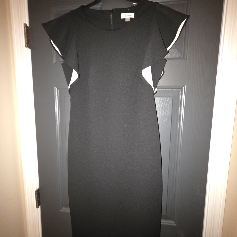 CalvinKlein Black Elegant Midi Dress with White Trim Flutter Sleeves